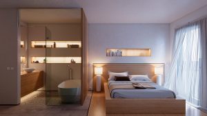 Visión nocturna del dormitorio principal y baño del bloque de viviendas de Illescas - mrdos proyectos, Las Rozas, España